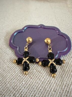 Vintage Anne Klein Gold and Black Cross Drop Earrings - Women Jewelry